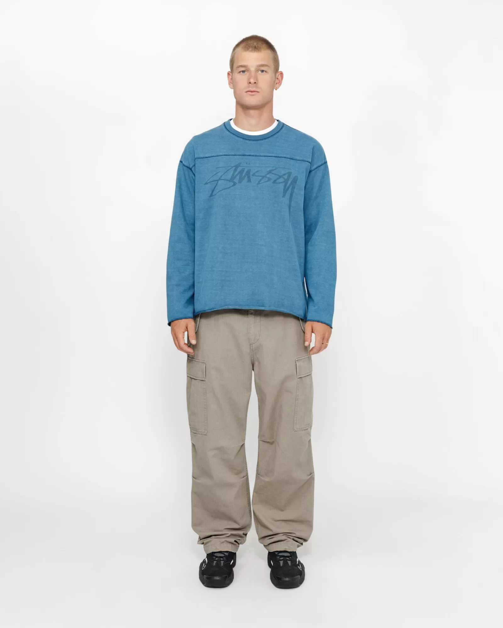 Knits*Stüssy FOOTBALL CREW PIGMENT DYED COTTON Blue