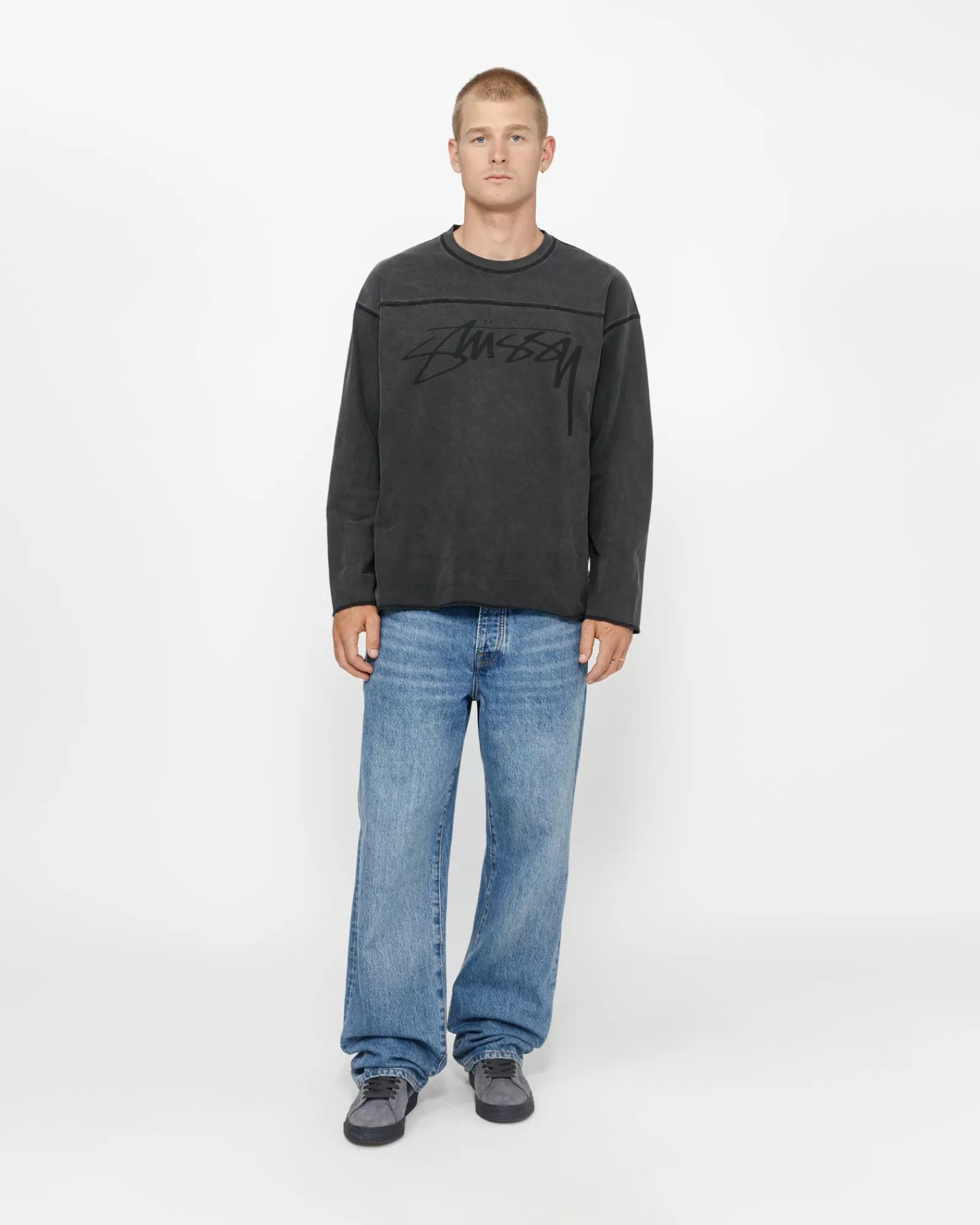 Knits*Stüssy FOOTBALL CREW PIGMENT DYED COTTON Washed Black