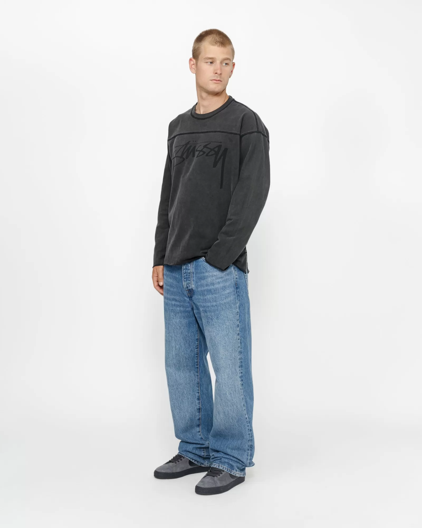 Knits*Stüssy FOOTBALL CREW PIGMENT DYED COTTON Washed Black