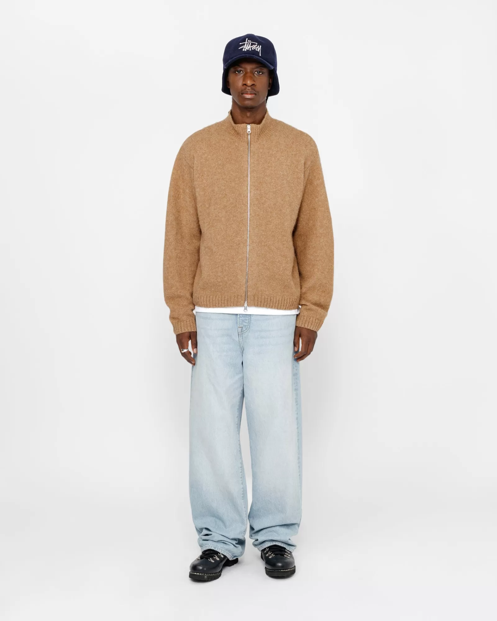 Knits*Stüssy GEBÜRSTETER MERINO-SWEATER MIT DURCHGEHENDEM REISSVERSCHLUSS Camel