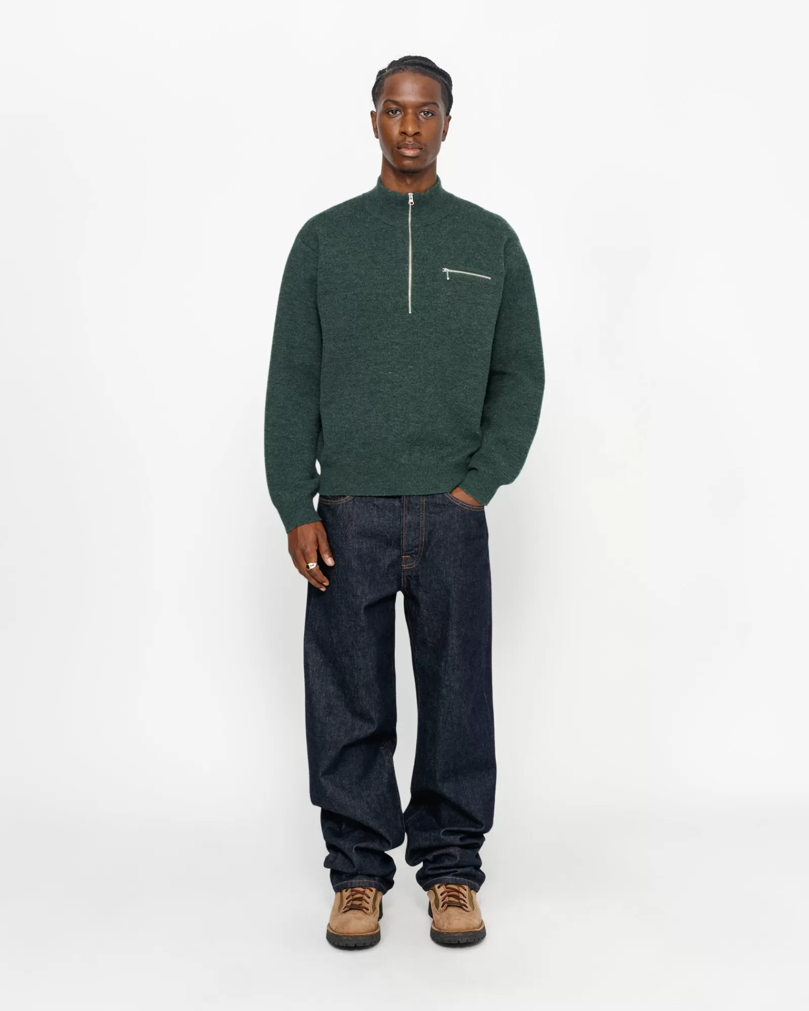 Knits*Stüssy HALF ZIP MOCK NECK SWEATER Dark Green