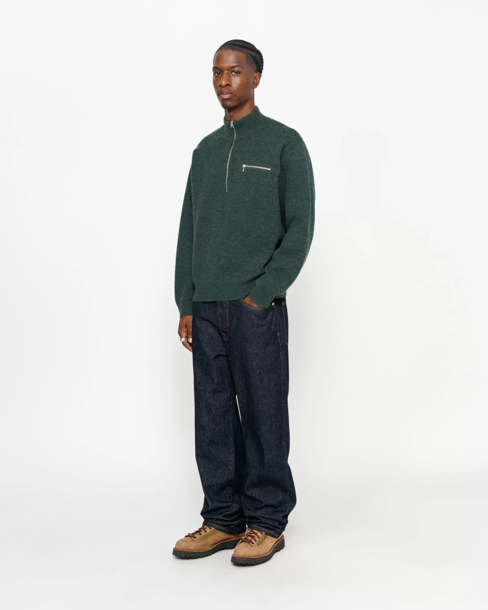 Knits*Stüssy HALF ZIP MOCK NECK SWEATER Dark Green