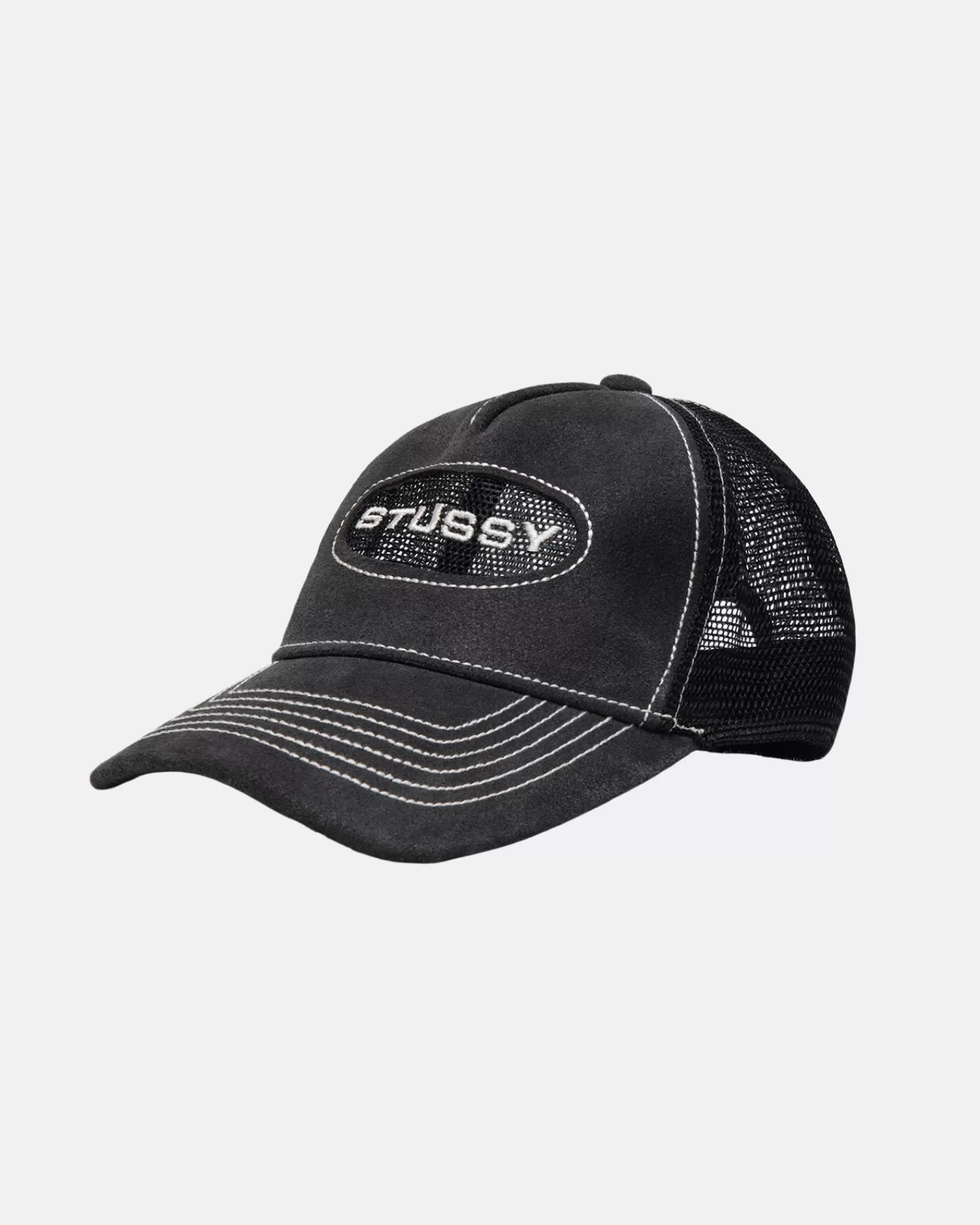 Mützen & Hüte*Stüssy LOW PRO TRUCKER CUT-OUT LEATHER SNAPBACK Black