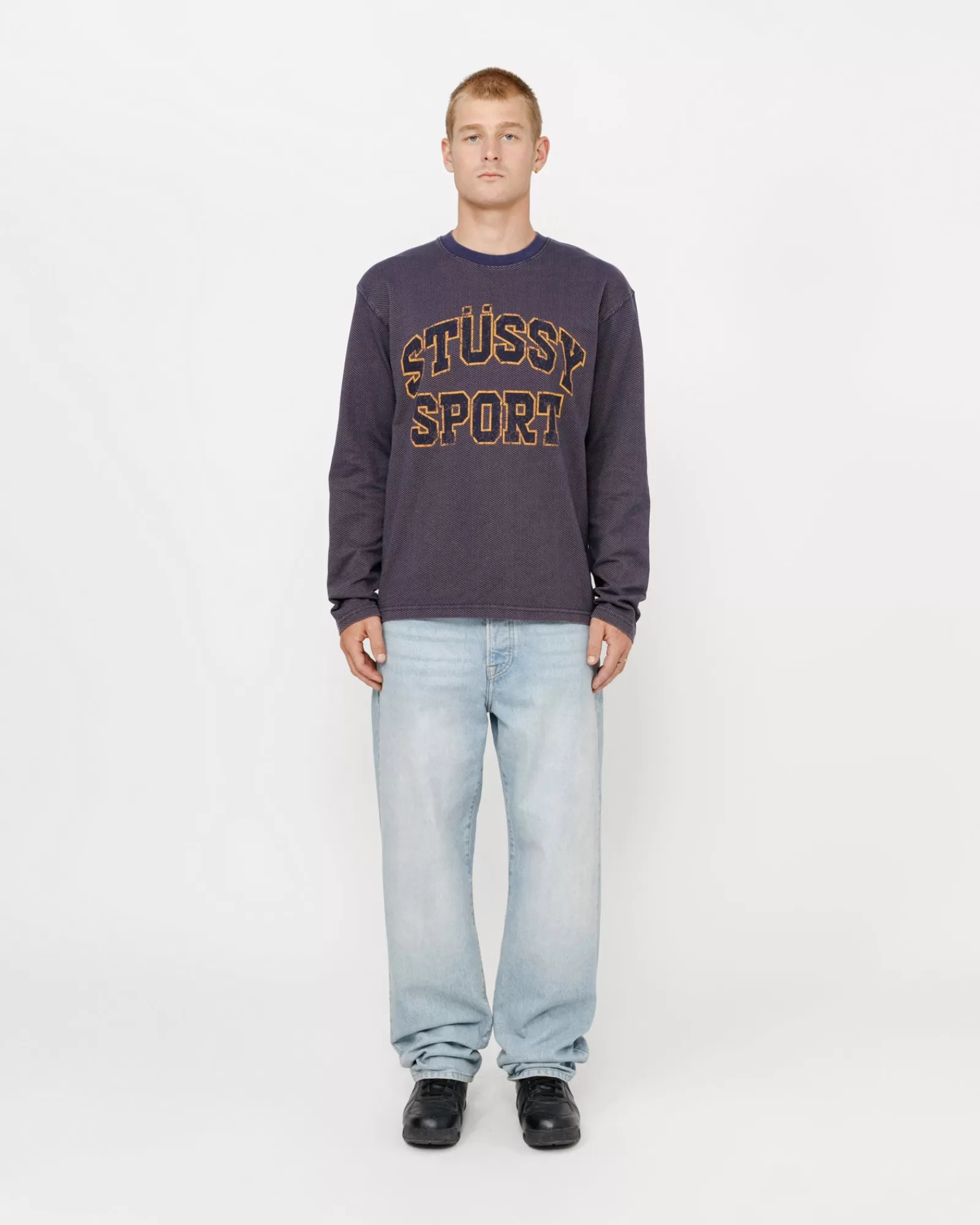 Knits*Stüssy Zweifarbiges Baumwollmesh Crewneck Navy